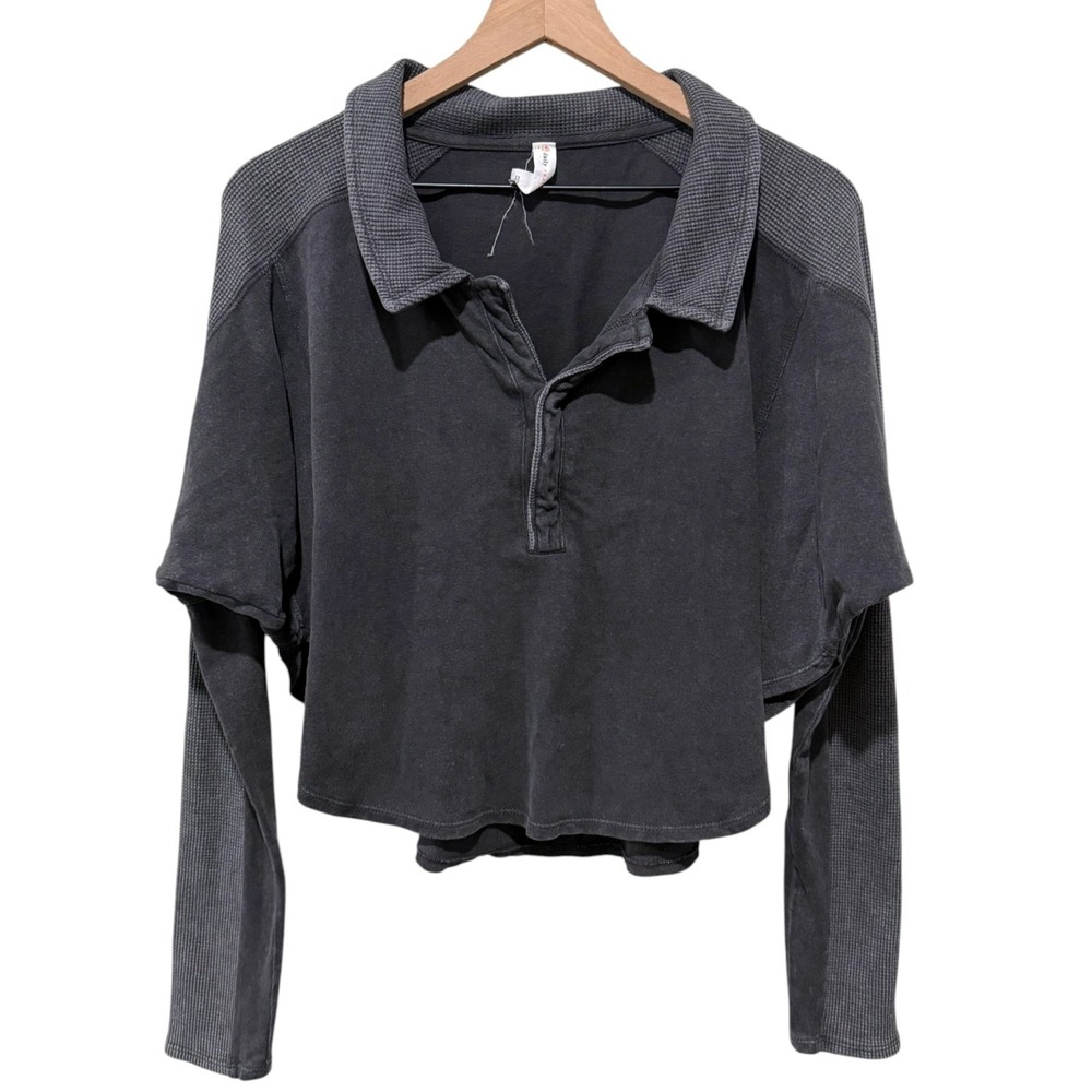 Daily Practice Anthropologie Crop Sweatshirt Top Henley Waffle Knit Womens‎ Sz S
